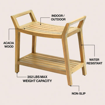Orla 25.6" Modern Classic Slatted Solid Acacia Wood Indoor/Outdoor Shower Bench with Shelf and Handle